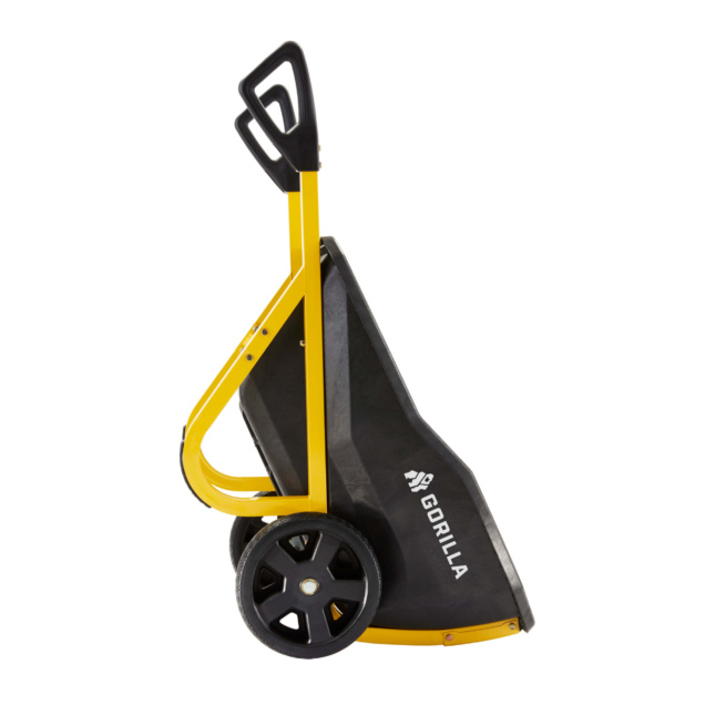 Black Gorilla hand truck with yellow frame and black wheels, shown in profile.