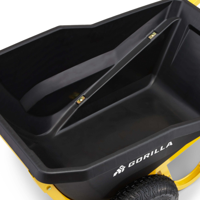 Black Gorilla utility cart with yellow accents and sturdy wheel, showcasing logo.