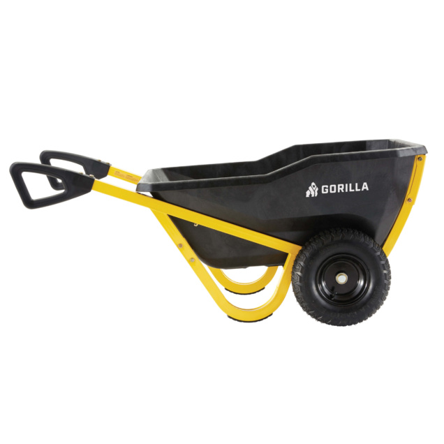 Gorilla Made black and yellow wheelbarrow with sturdy design, logo visible.