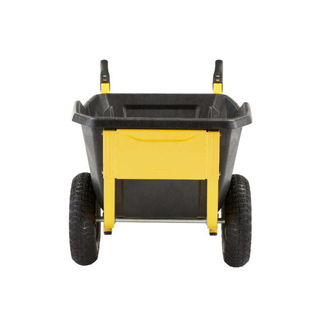 Black utility cart with yellow accents and two large wheels, by Gorilla Made.
