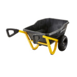 Gorilla Made heavy-duty wheelbarrow with black tray, yellow frame, and two wheels.