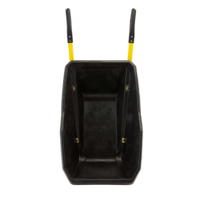Black Gorilla Made wheelbarrow with yellow handles, designed for strength and durability.