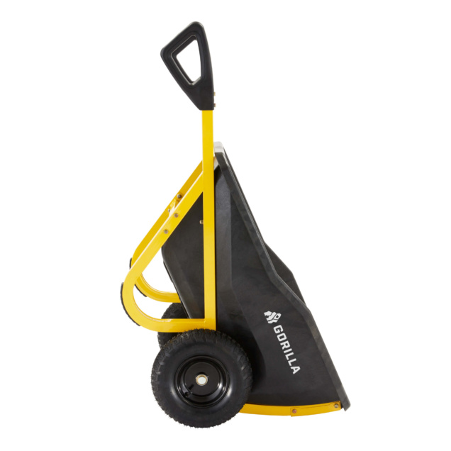 Yellow and black Gorilla Made utility cart with a sturdy handle and wheels.