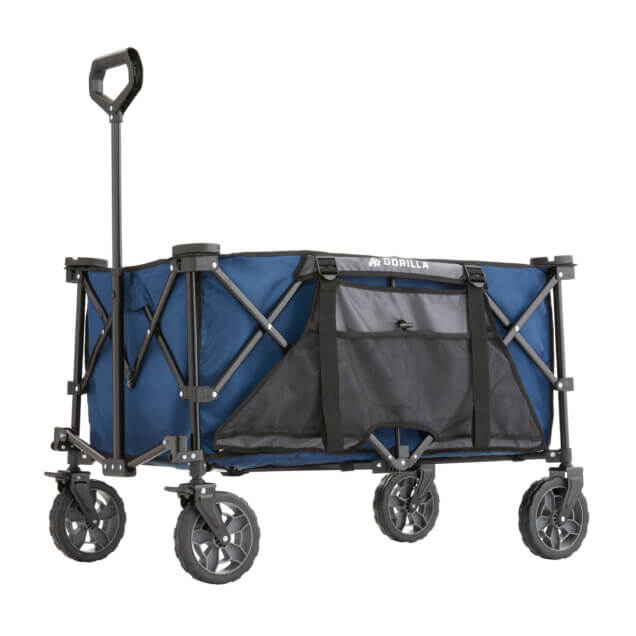 Blue Gorilla utility cart with black handle and durable wheels, GORILLA logo visible.