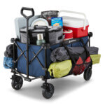 Blue Gorilla cart loaded with camping gear and supplies, including a red cooler.
