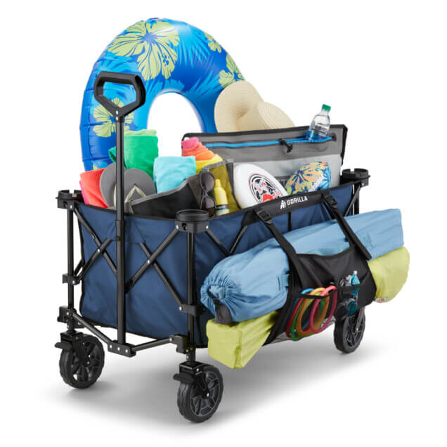 Blue Gorilla Made cart filled with colorful beach gear and inflatables.