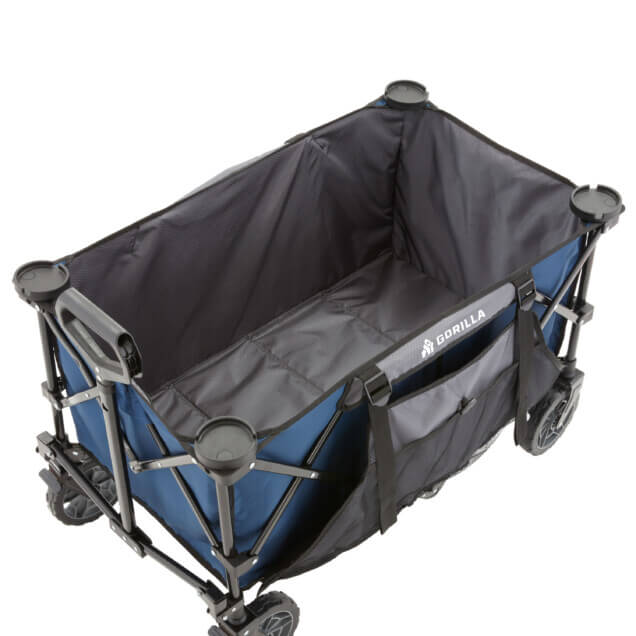 Blue and black Gorilla Made folding cart with logo, featuring durable wheels.