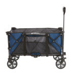 Gorilla Made utility cart in blue and black with logo. Four wheels, collapsible design.