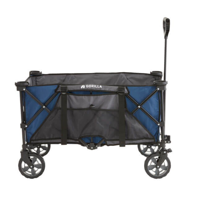 Gorilla Made utility cart in blue and black with logo. Four wheels, collapsible design.