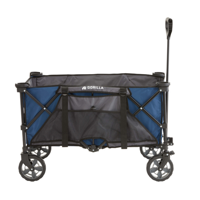 Gorilla Made utility cart in blue and black with logo. Four wheels, collapsible design.