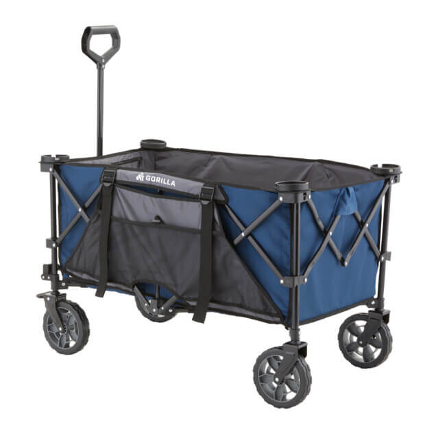 Blue Gorilla Made utility cart with black frame and wheels, logo text "GORILLA".