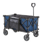 Blue and black Gorilla utility cart with mesh pocket, wheels, and handle.