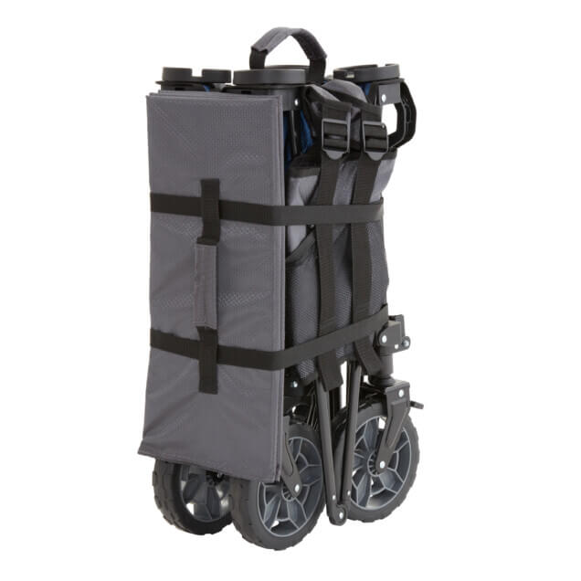 Folded heavy-duty cart in gray with four large black wheels from Gorilla Made.