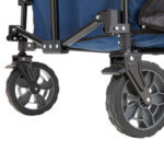 Close-up of Gorilla Made GCSW 7PB cart wheels with a blue fabric background.