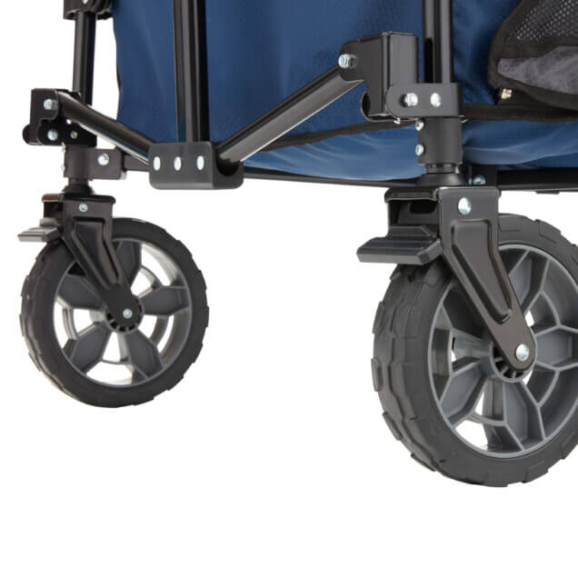 Close-up of Gorilla Made GCSW 7PB cart wheels with a blue fabric background.