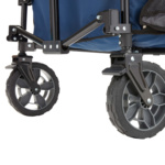 Close-up of Gorilla Made GCSW 7PB cart wheels with a blue fabric background.