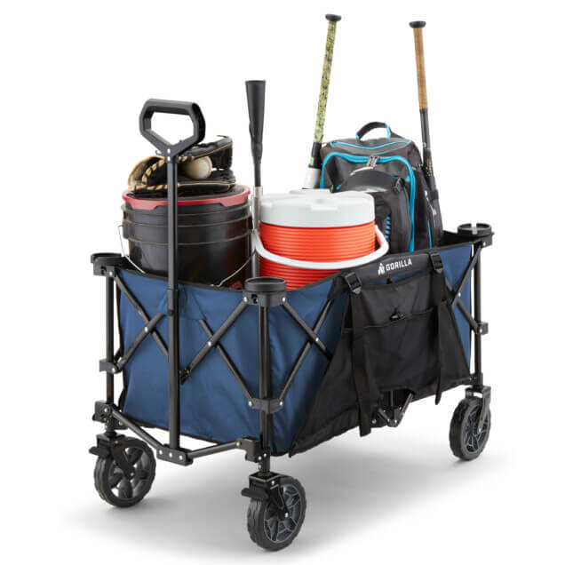 Blue foldable utility cart by Gorilla Made, filled with sports gear and a cooler.