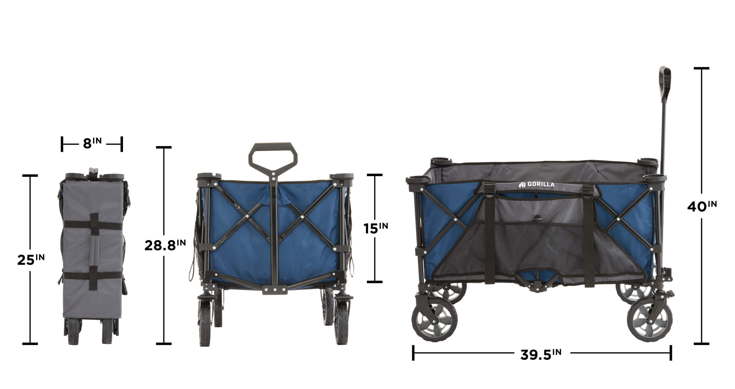 Gorilla Made cart dimensions: folded 25 in high, 8 in wide; open 28.8 in high, 15 in wide, 39.5 in long, 40 in handle tall; blue and black.