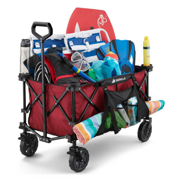 Red Gorilla Made utility cart filled with beach items, featuring "Gorilla" text.