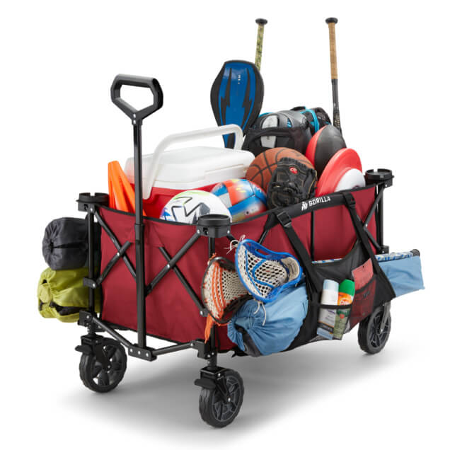 Red Gorilla Made utility cart filled with sporting gear and equipment.
