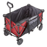 Red and black Gorilla Made collapsible utility cart with grey wheels and handle.