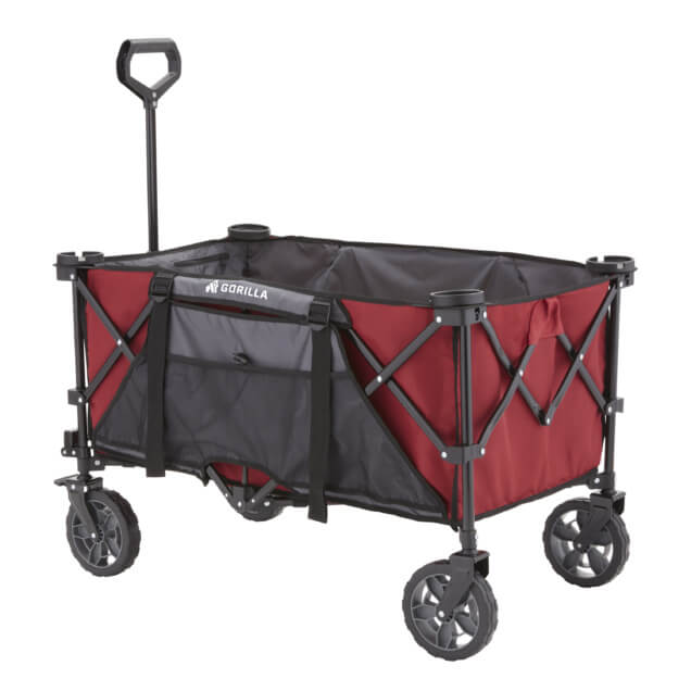 Red and black Gorilla utility cart with sturdy wheels and collapsible design.