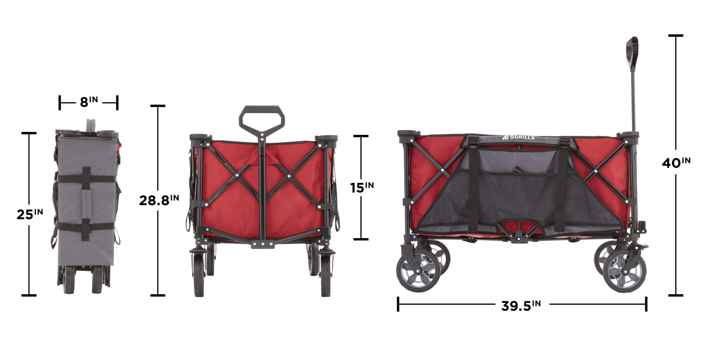 Red utility cart with dimensions: 25 inches high, 8 inches wide; 28.8 inches high; 15 inches high, 39.5 inches wide; and 40 inches high.