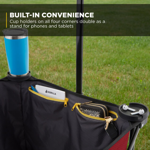 Built-in convenience: Cup holders double as stands for phones and tablets.