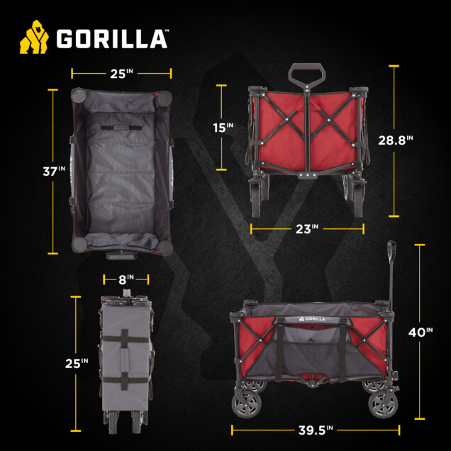 Infographic showing Gorilla Made cart dimensions: 25" wide, 37" long, 28.8" high.