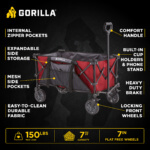 Gorilla Made cart infographic with red and black design features like comfort handle.