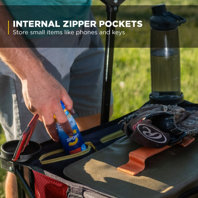 Gorilla Made cart with internal zipper pockets, holding items like a bottle and glove. Text: "INTERNAL ZIPPER POCKETS Store small items like phones and keys."