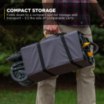 Gorilla Made cart folded for compact storage, held by a person. Text: "Compact Storage."
