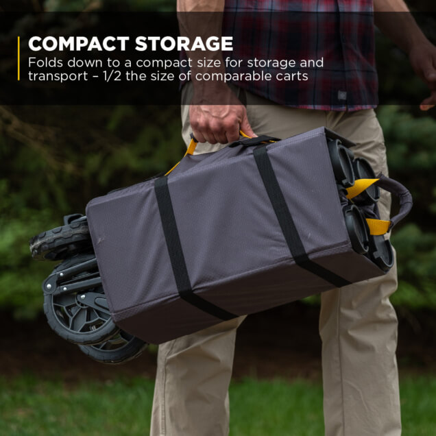 Gorilla Made cart folded for compact storage, held by a person. Text: "Compact Storage."