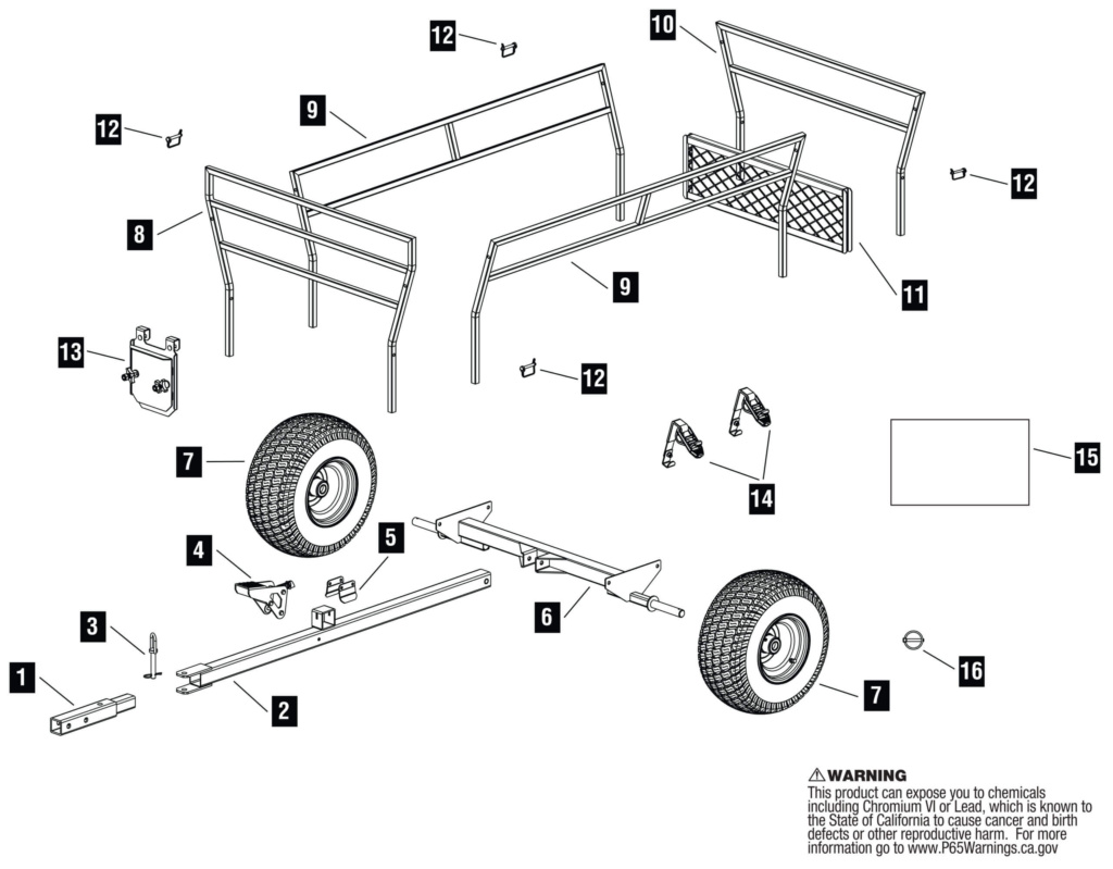 Exploded diagram of GCV 1400A cart components, including frame and wheels. "WARNING: This product can expose you to chemicals including Chromium VI or Lead, which is known to the State of California to cause cancer and birth defects or other reproductive harm. For more information go to www.P65Warnings.ca.gov".