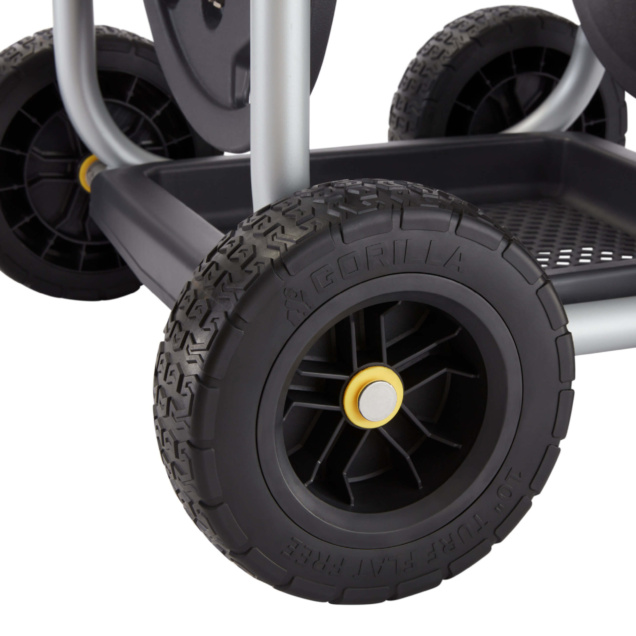 Close-up of Gorilla Made GRC 250G utility cart showing durable black tires.