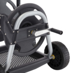 Close-up of Gorilla Made hose reel, featuring a sturdy black and silver frame.