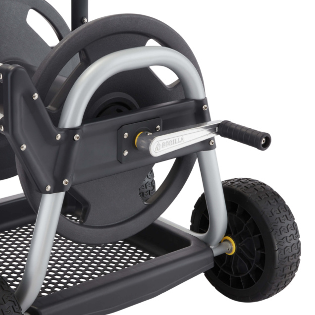 Close-up of Gorilla Made hose reel, featuring a sturdy black and silver frame.