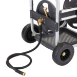 Gorilla Made GRC 250G hose reel cart with sturdy black wheels and hose attachment.