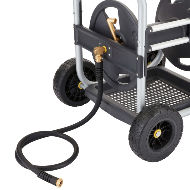 Gorilla Made GRC 250G hose reel cart with sturdy black wheels and hose attachment.