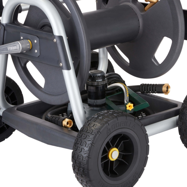 GRC 250G hose reel with sturdy wheels and black reel, designed by Gorilla Made.