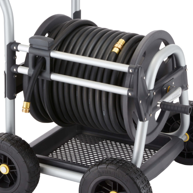 Gorilla Made heavy-duty hose reel cart, black and gray, with durable wheels.