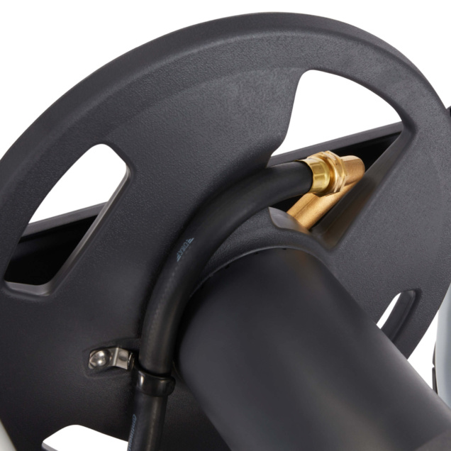 Close-up of Gorilla Made GRC 250G hose reel with black and gold fittings.