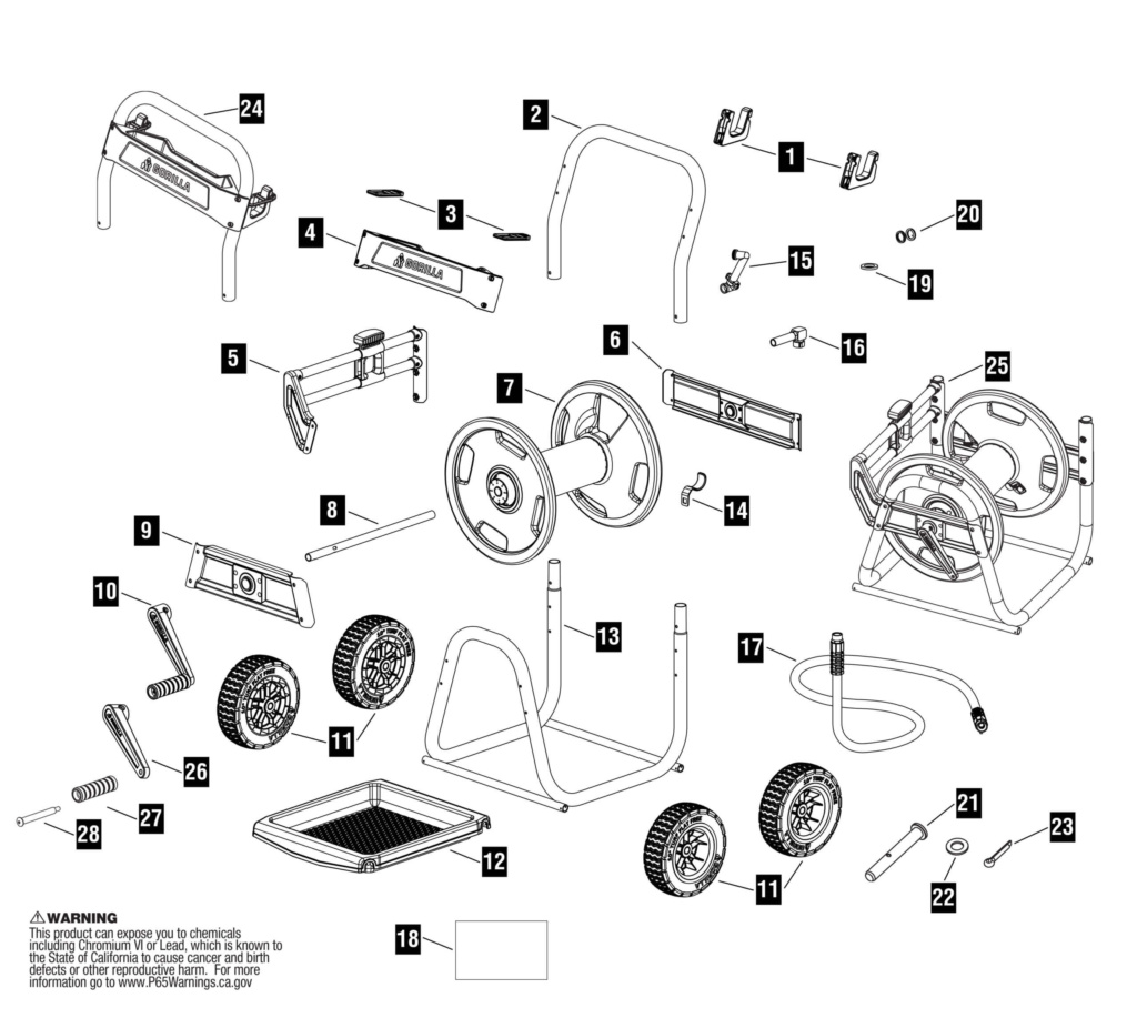 Exploded view of Gorilla Made GRC 250G hose reel with numbered parts. Warning: Chemicals warning text included.