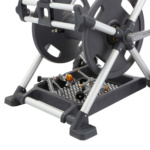 Gorilla Made hose reel with gray frame, silver supports, and accessory tray.