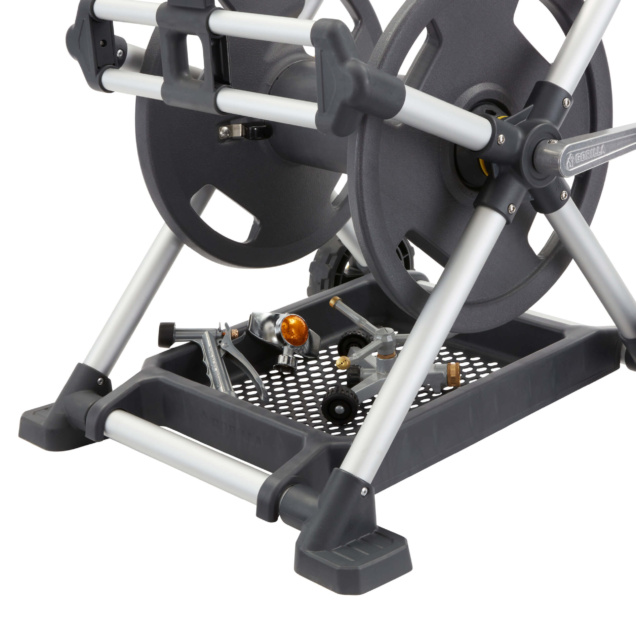 Gorilla Made hose reel with gray frame, silver supports, and accessory tray.