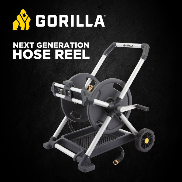 Gorilla Made next generation hose reel on black background, with sturdy design.