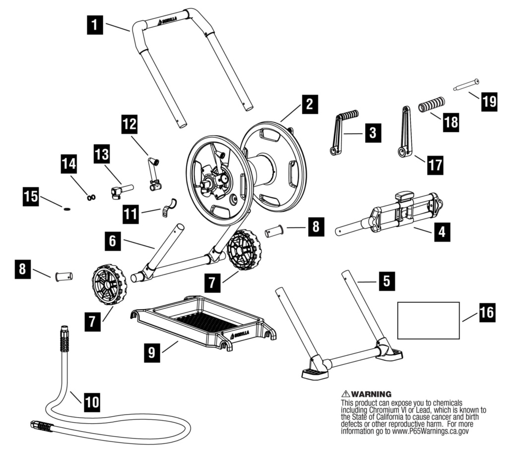 Exploded view of GRM 225G hose reel assembly with numbered parts. Gorilla Made logo. Warning: "This product can expose you to chemicals including Chromium VI or Lead, which is known to the State of California to cause cancer and birth defects or other reproductive harm. For more information go to www.P65Warnings.ca.gov."