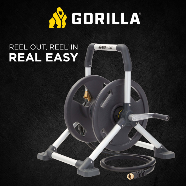 Gorilla hose reel with dual black reels and text: "Reel out, reel in. Real easy."