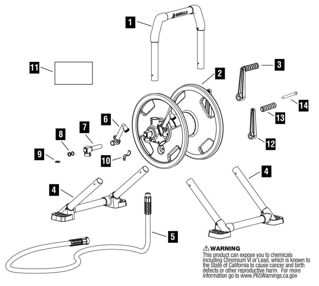 Exploded view of Gorilla Made GRS 150H hose reel with numbered parts. Warning: www.P65Warnings.ca.gov.
