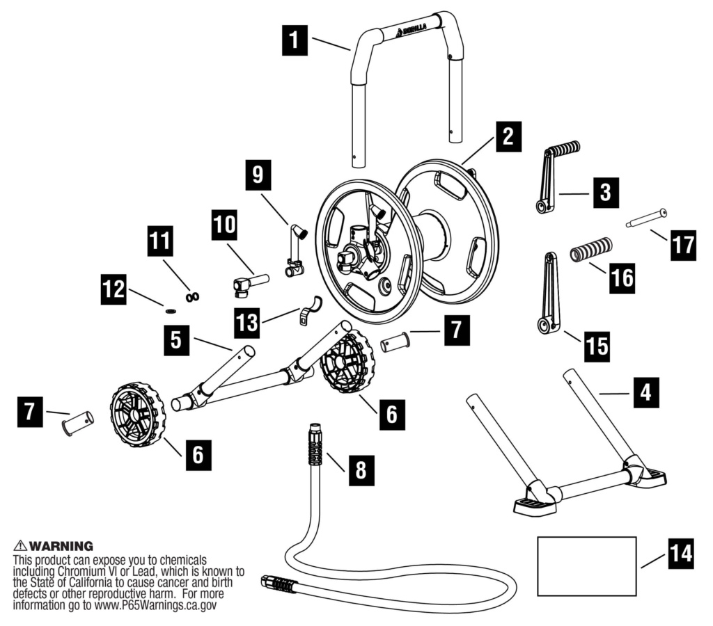 Exploded view drawing of GRS 200H product components. Warning text: "This product can expose you to chemicals including Chromium VI or Lead, which is known to the State of California to cause cancer and birth defects or other reproductive harm. For more information go to www.P65Warnings.ca.gov."